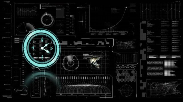 Animation of clock moving fast over data processing on screen