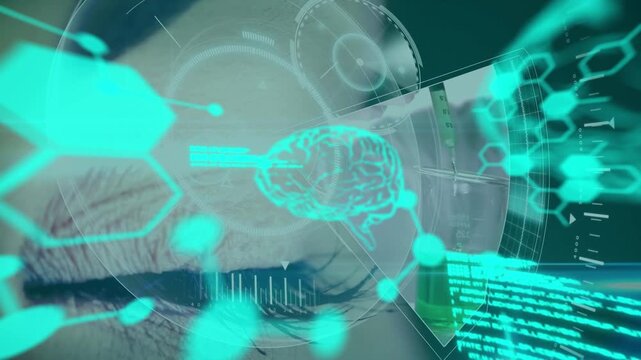 Animation of data processing and chemical formula over scope scanning and eye