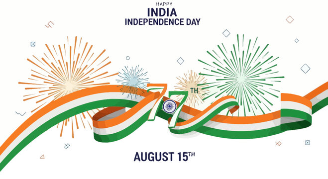 Happy 77th Independence Day India - Tricolor Ribbon, Fireworks, August 15