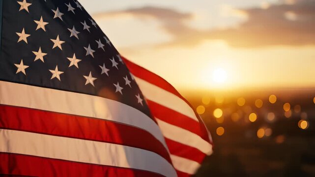 American flag waving at sunset