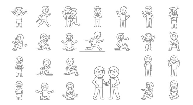 Collection of stick figure icons depicting various human emotions and actions such as happiness, anger, sadness, confusion, stretching, and interaction, isolated white background.