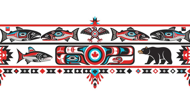 Indigenous Canadian Art Border: Salmon, Bear, Eagle, Totem Pole, Maple Leaf