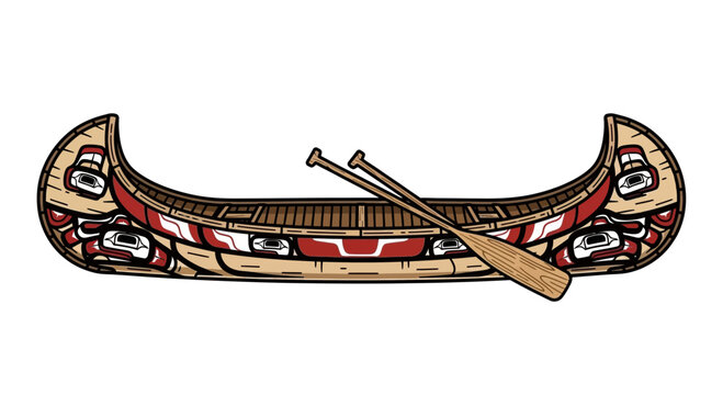 Indigenous Canoe with Paddles, Pacific Northwest Art Style, Vector Illustration