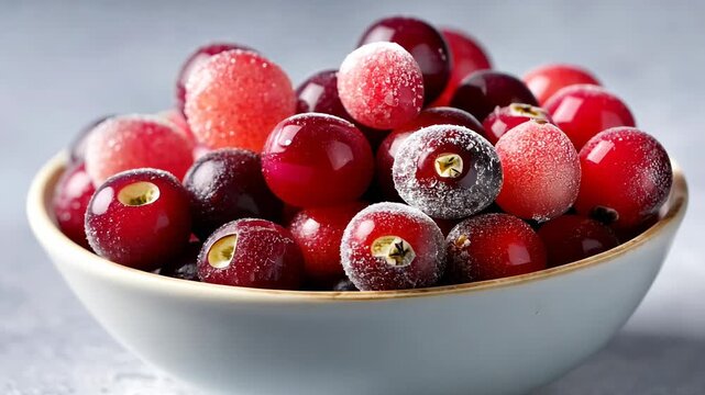 Closeup sequence of frosted cranberries in a ceramic bowl series
