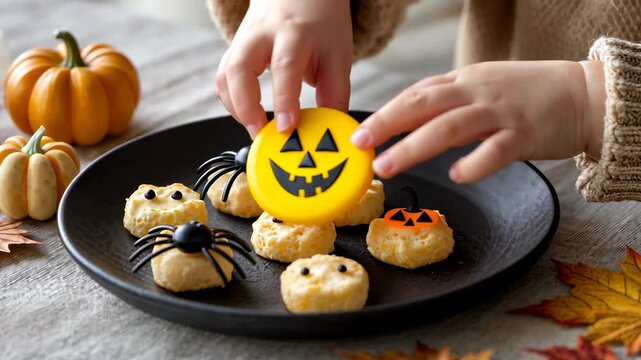 Child arranging halloween cookies and decor on festive table with pumpkins and leaves