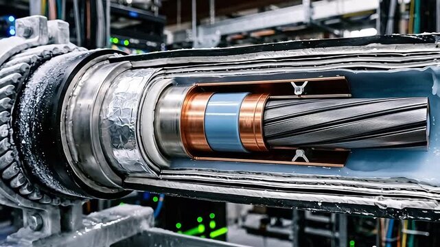 Cross-section of high-temperature superconducting power cable reveals insulated silver wiring encased in a cryogenic liquid nitrogen jacket with frost.