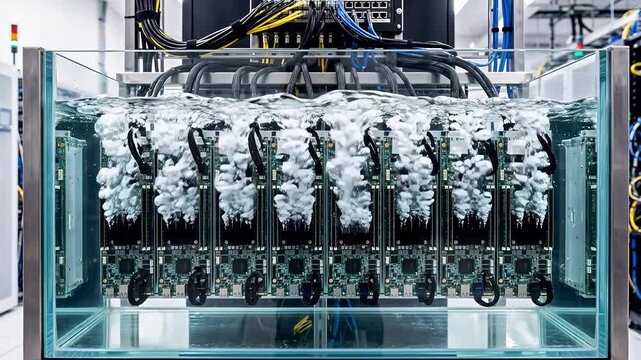 Transparent immersion cooling tank filled with clear liquid shows multiple high-density compute blades with bubbles forming rapidly on hot processors.
