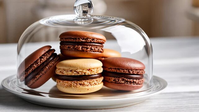 Delightful macaron arrangement under glass dome rotating on wooden table