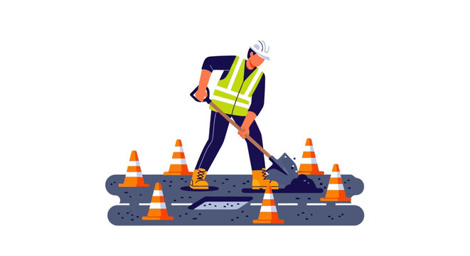 Construction worker digging road with safety cones.