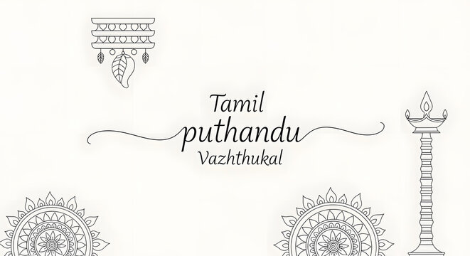 Tamil Puthandu Vazhthukal line art greeting lamp mango leaf mandala pattern white background minimal tradition design