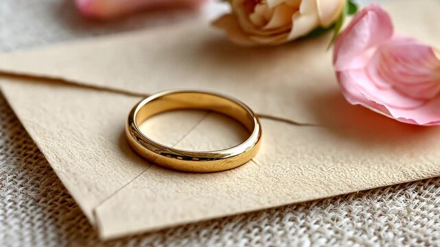 Elegant gold ring and soft pink rose petals on rustic envelope setting