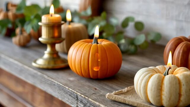 Cozy autumn decor with flickering candles and harvest pumpkins in rustic setting