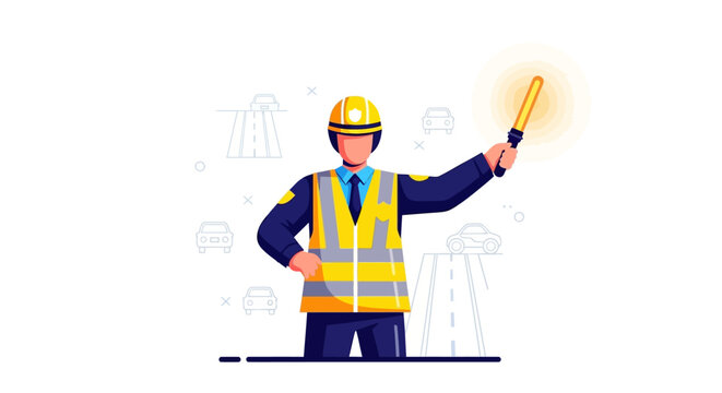 Construction worker in safety vest and hard hat signaling with a light stick.