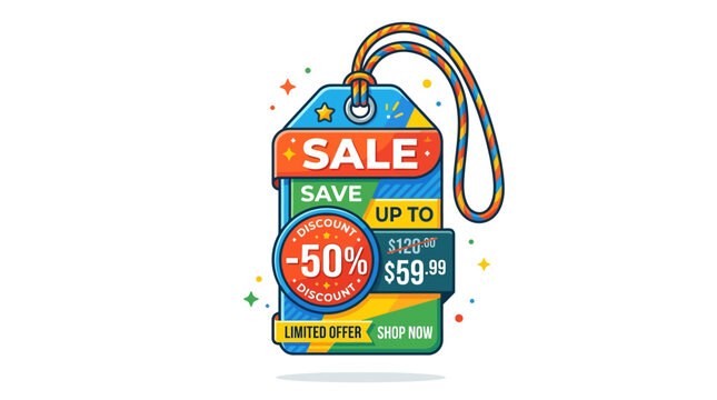 Colorful Sale Tag with Discount Information.