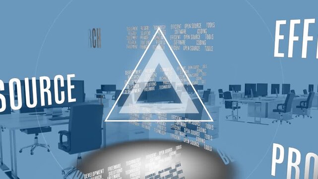 Animation of triangle and circle moving in loop with business text over vector co-working office