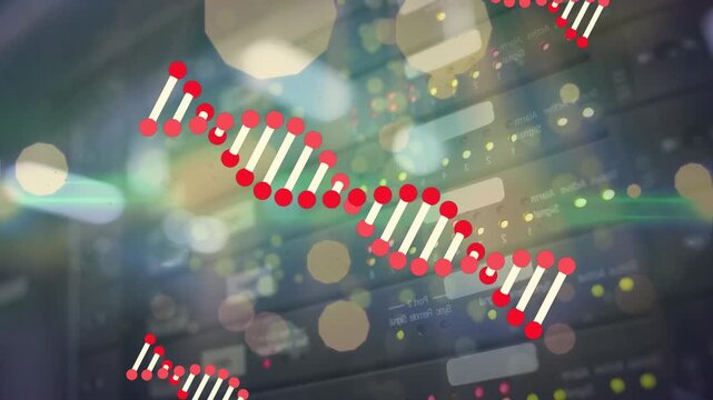 Animation of dna rotating on digital interface with bokeh effect against server