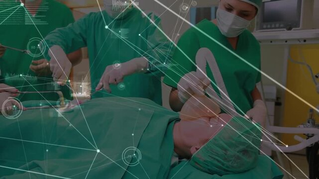 Animation of network with medical records over caucasian surgeons operating patient in hospital