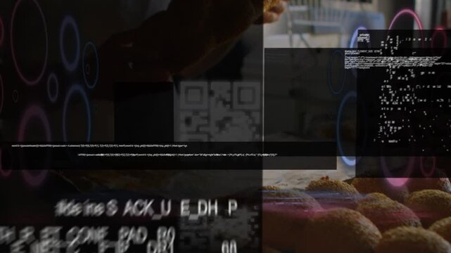 Animation of data processing, qr code on digital interface, caucasian baker holding breads at bakery