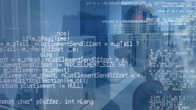 Animation of data processing against empty computer server room