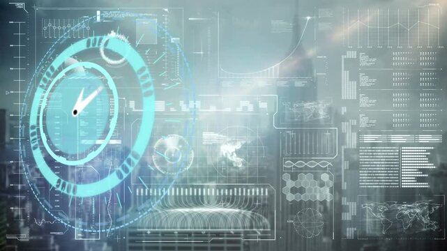 Animation of clock and data processing on screen over cityscape