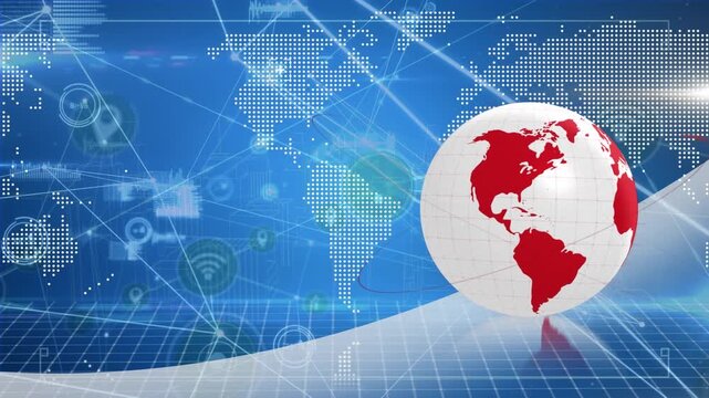 Animation of globe over network of connections, data processing and world map