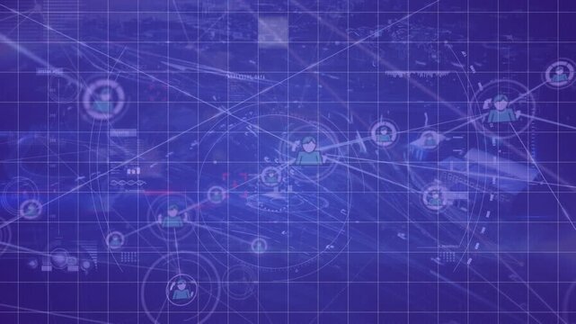 Animation of network of connections over cityscape