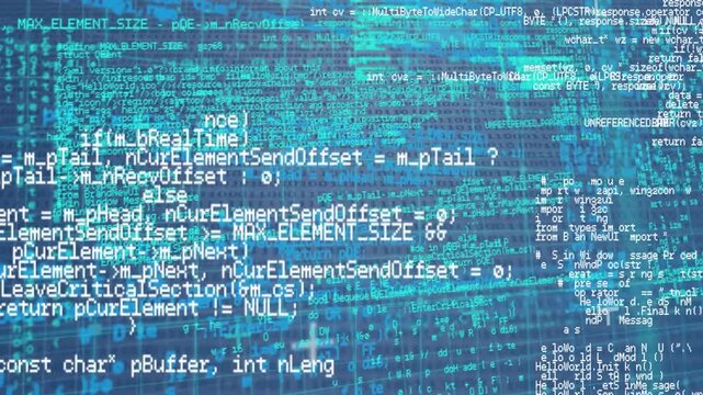 Animation of data processing over grid network against binary coding on blue background