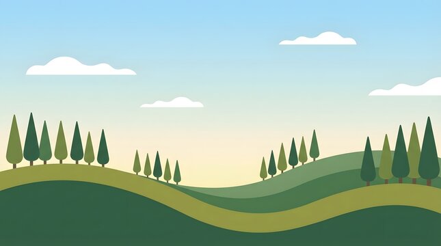 Stylized illust n of rolling green hills with evergreen trees under a blue sky with clouds