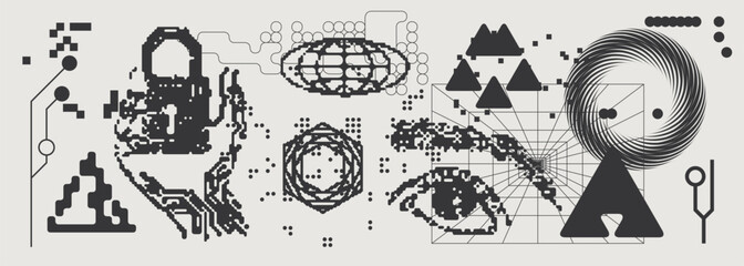 Obraz premium Abstract Vector Graphics Collection, Y2K Brutalist Style, Cyberpunk Glitch Elements, Pixelated Geometric Shapes.
