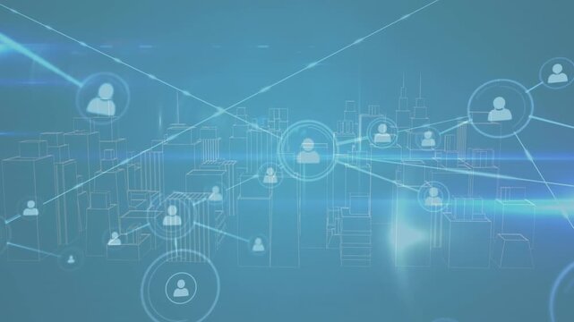 Animation of network of connections with people icons over cityscape spinning