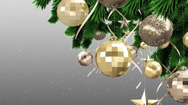 Animation of snow falling over christmas baubles