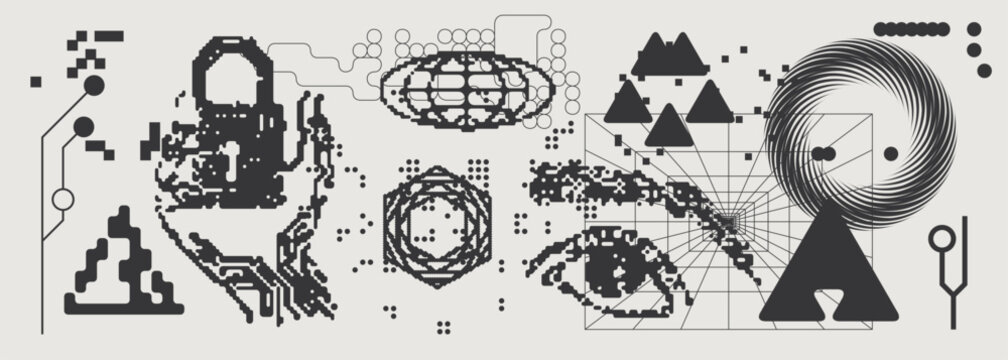 Abstract Vector Graphics Collection, Y2K Brutalist Style, Cyberpunk Glitch Elements, Pixelated Geometric Shapes.
