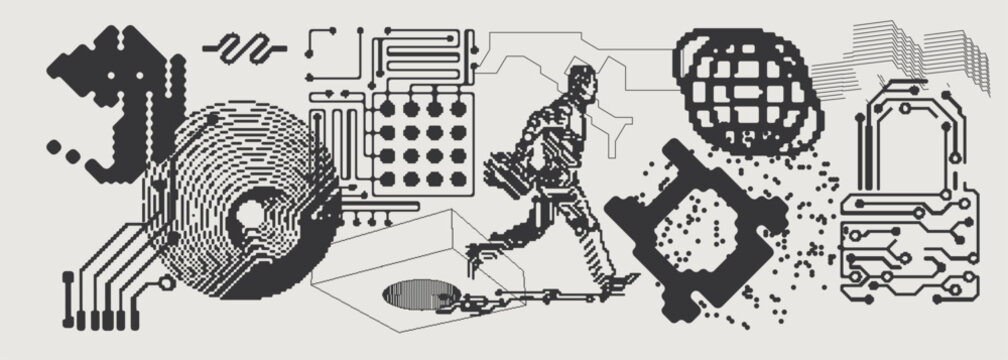Abstract Vector Graphics Collection, Y2K Brutalist Style, Cyberpunk Glitch Elements, Pixelated Geometric Shapes.