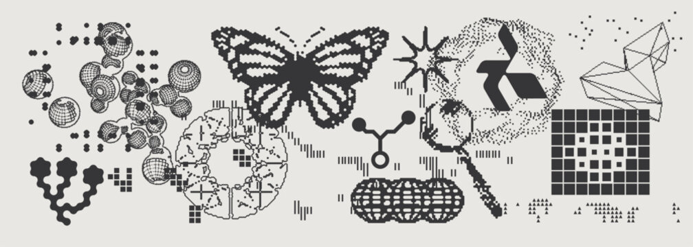 Abstract Vector Graphics Collection, Y2K Brutalist Style, Cyberpunk Glitch Elements, Pixelated Geometric Shapes.