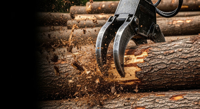 Heavy working equipment grasping logs for timber processing in a lumber yard. Equipment showcases claw grip on timber as it cuts through wood,