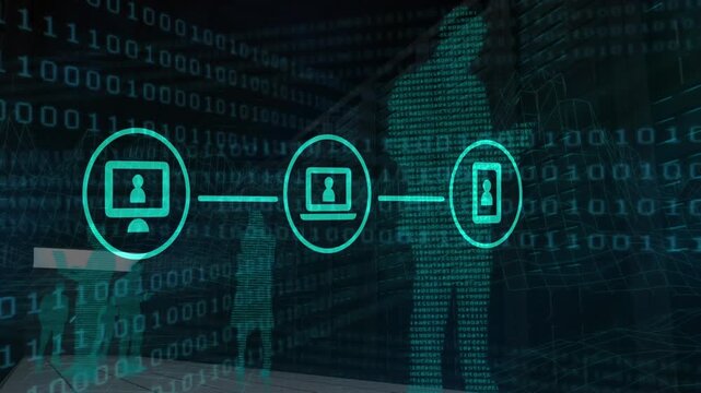 Animation of digital data processing and security icons over black background