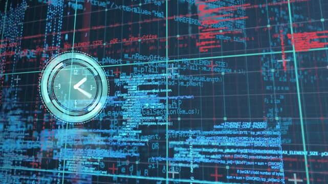 Animation of digital clock and programming language and grid pattern over black background