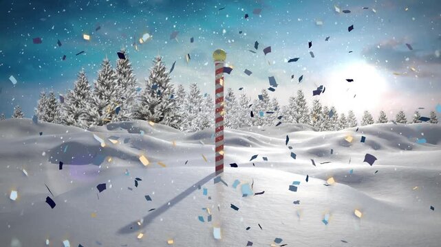 Animation of winter scenery and north pole over snow falling