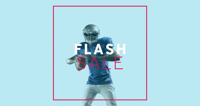 Animation of flash sale text over african american male american football player on blue background