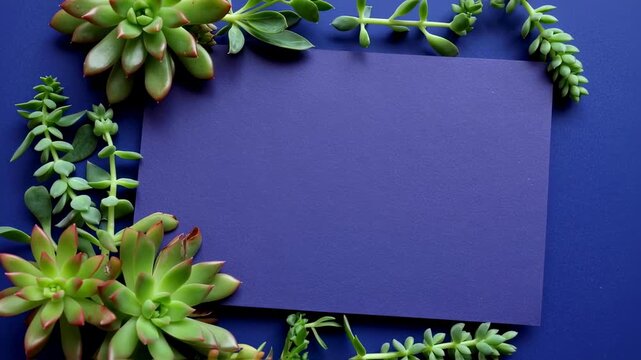 A flat lay showcases a blue paper surrounded by diverse green succulents on a complementary blue surface