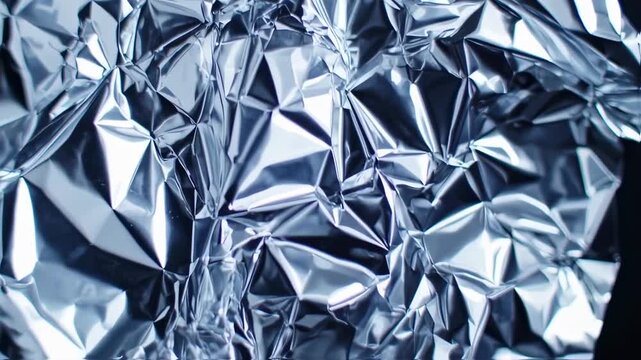 Close-up abstract of crumpled, shiny, silver material with bright reflections and sharp angles