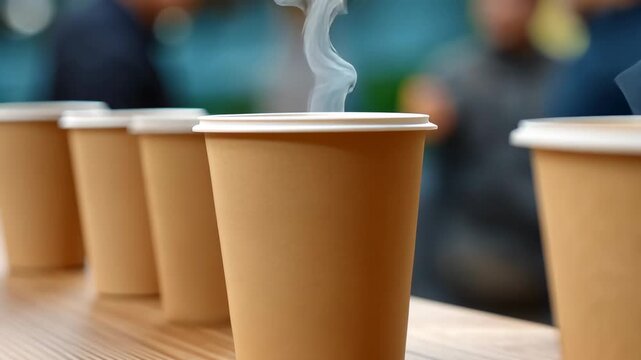 Steaming coffee cups on wooden table amidst outdoor gathering