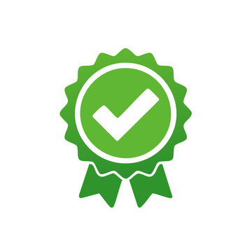 Green Check Mark Emblem with Ribbon for Approved or Verified Status