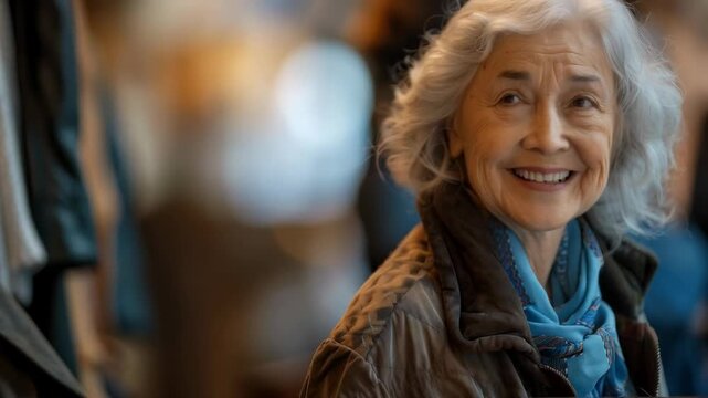 This portrait of a smiling elderly woman with grey hair and a blue scarf radiates warmth and wisdom, providing a heartfelt and uplifting backdrop for articles on happy old age and intergenerational bo