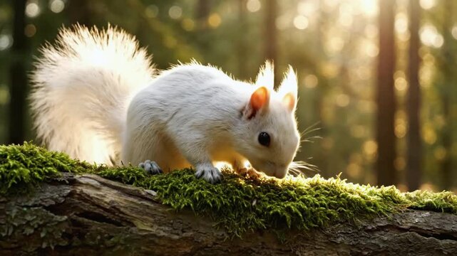 Rare white squirrel foraging for food while backlit by golden hour sunlight in a lush forest setting video footage motion