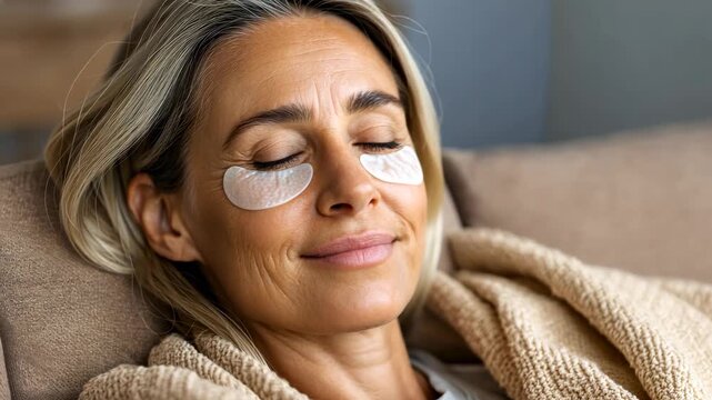 Relaxed woman enjoying a moment of peace with undereye patches