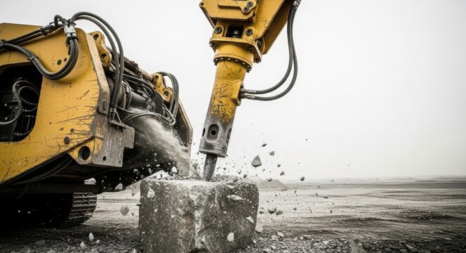 Heavy working equipment breaking concrete block with hydraulic drill in construction site. Machinery uses powerful equipment to demolish materials,
