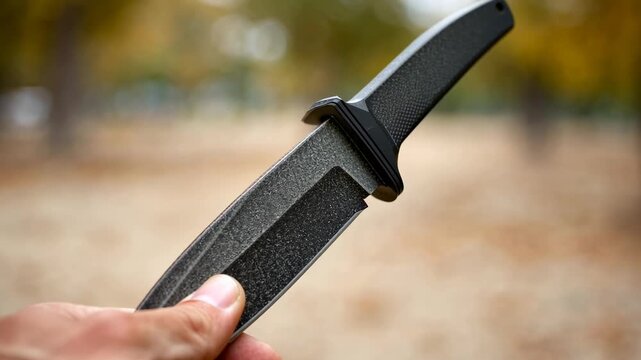 Hands passing knife in outdoor setting with focus on handle and blade detail