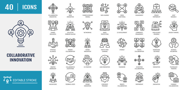 Collaborative innovation icon set. Includes idea sharing, knowledge exchange, brainstorming, partnerships, research. Outline icon set. Vector illustration with editable stroke