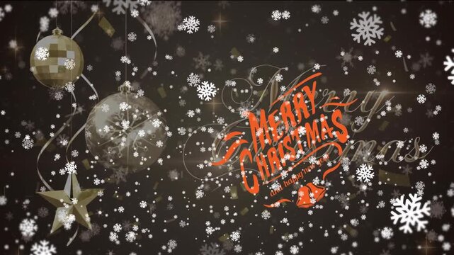 Animation of christmas season's greetings text, baubles and snow falling over winter scenery